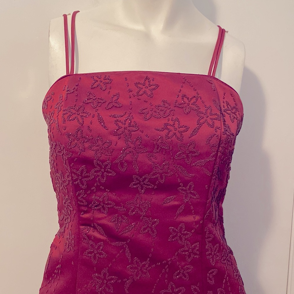 Burgundy A-Line Ball Gown with floral beaded design and lace up back - Picture 6 of 6